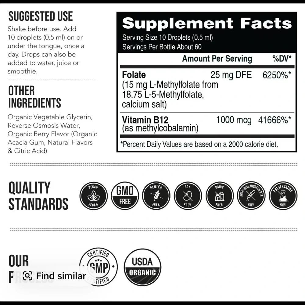 L- Methylfolate 15mg + B12 Pro Strength, Liquid 5-MTHF Form, Supports Mood - Picture 6 of 9